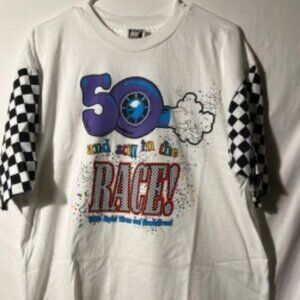Mens XL Vintage 90s LA Sportswear 50 and Still in the Race T Shirt Single Stitch